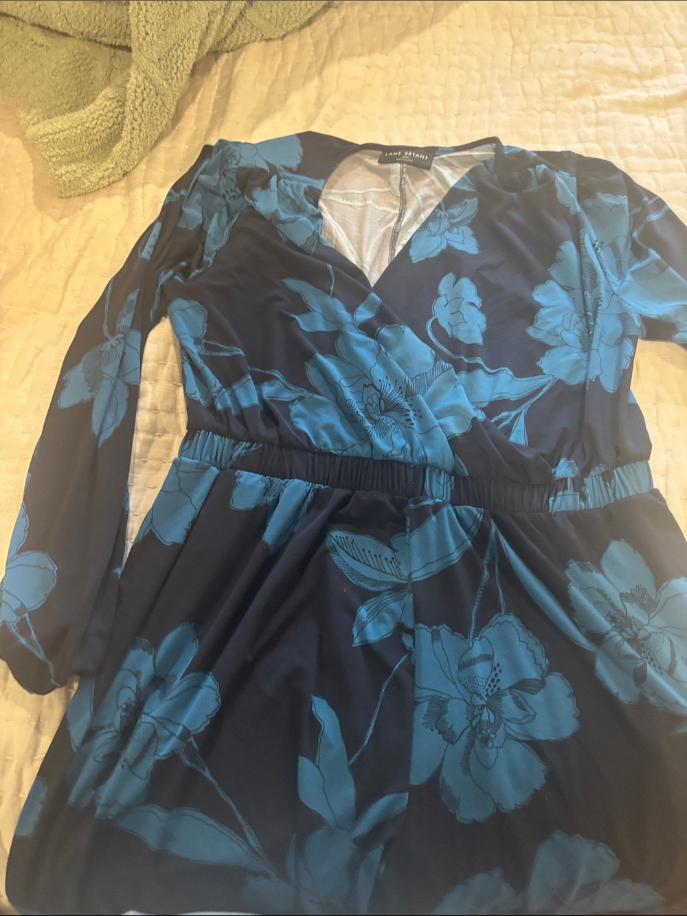 Lane Bryant Teal Floral Wrap-Style Long Sleeve Dress